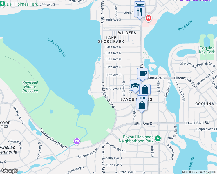 map of restaurants, bars, coffee shops, grocery stores, and more near 4000 Highland Street South in St. Petersburg