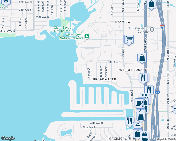 map of restaurants, bars, coffee shops, grocery stores, and more near 4036 42nd Street South in St. Petersburg