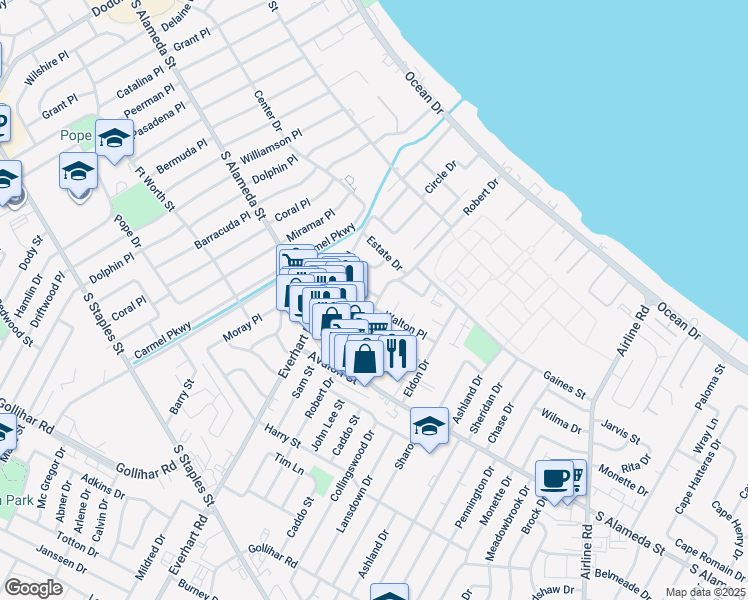 map of restaurants, bars, coffee shops, grocery stores, and more near 4237 Junior Terrace in Corpus Christi