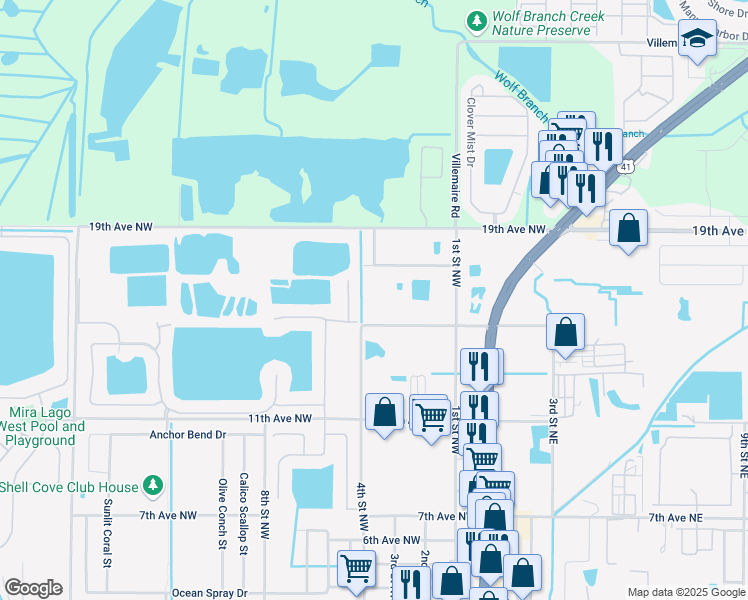 map of restaurants, bars, coffee shops, grocery stores, and more near 309 15th Avenue Northwest in Ruskin