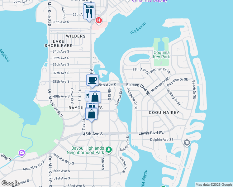 map of restaurants, bars, coffee shops, grocery stores, and more near 4035 Miramar Way South in St. Petersburg