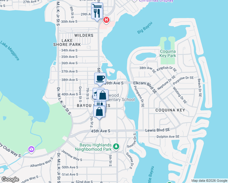map of restaurants, bars, coffee shops, grocery stores, and more near 4035 Miramar Way South in St. Petersburg