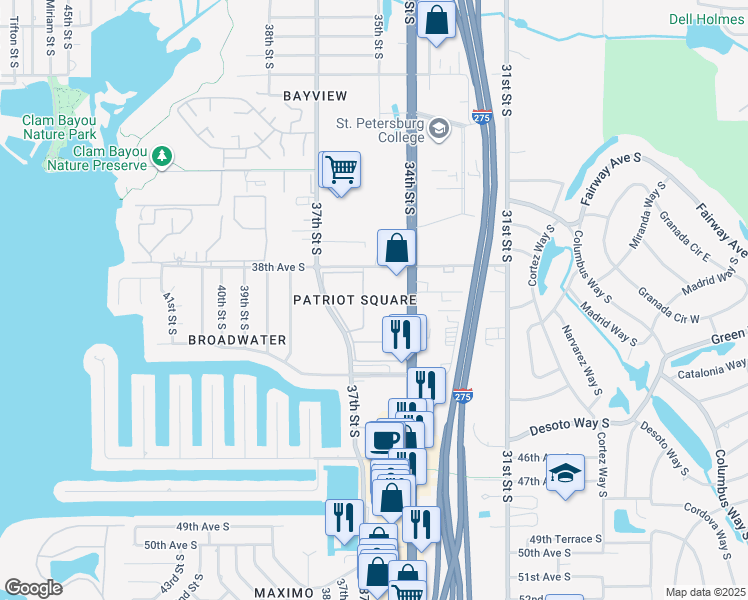 map of restaurants, bars, coffee shops, grocery stores, and more near 3590 40th Avenue South in St. Petersburg