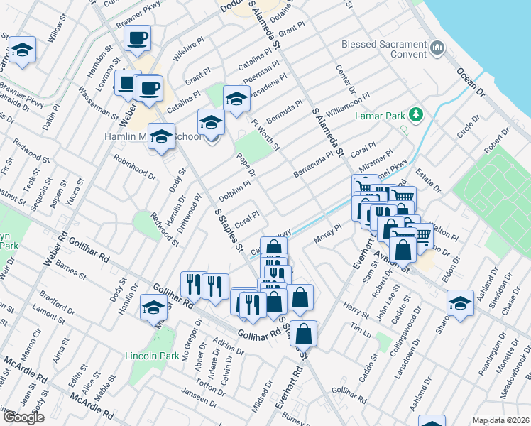 map of restaurants, bars, coffee shops, grocery stores, and more near 4042 San Fernando Place in Corpus Christi
