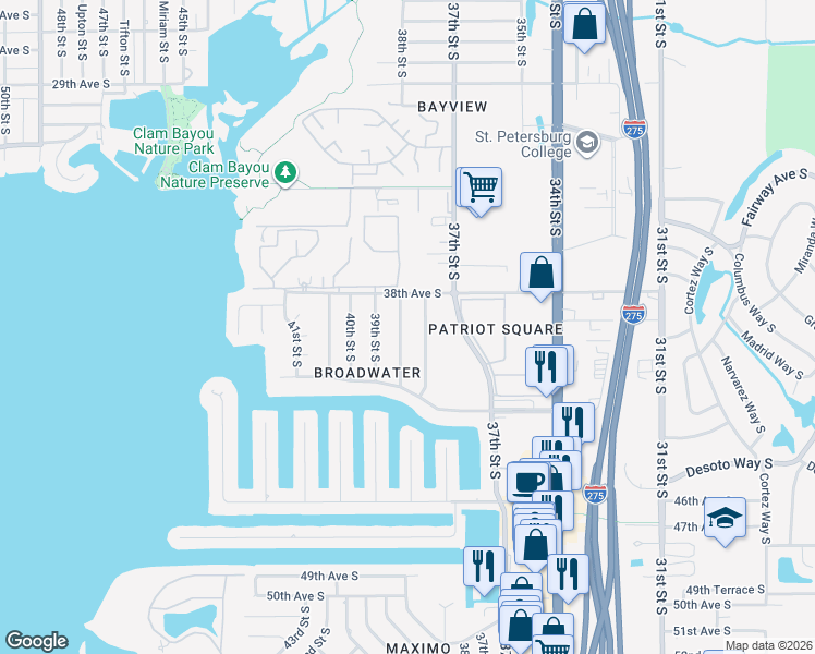 map of restaurants, bars, coffee shops, grocery stores, and more near 4001 38th Street South in St. Petersburg