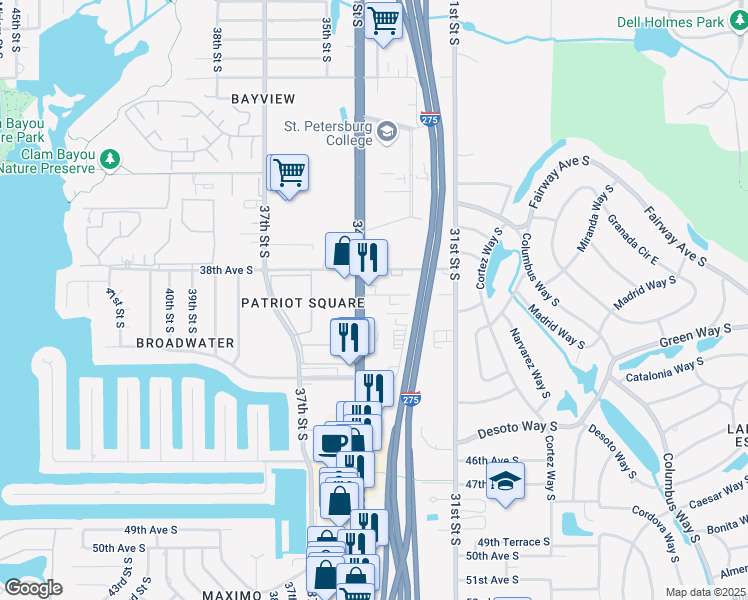 map of restaurants, bars, coffee shops, grocery stores, and more near 3950 34th Street South in Saint Petersburg