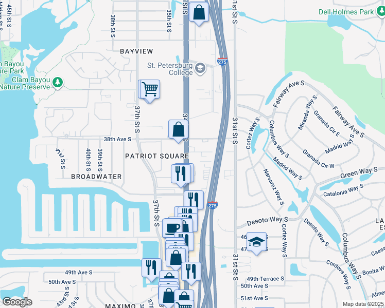 map of restaurants, bars, coffee shops, grocery stores, and more near 3900 34th Street South in St. Petersburg