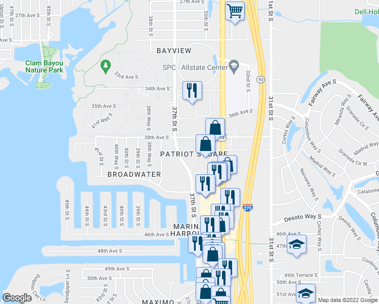 map of restaurants, bars, coffee shops, grocery stores, and more near 3590 40th Avenue South in St. Petersburg