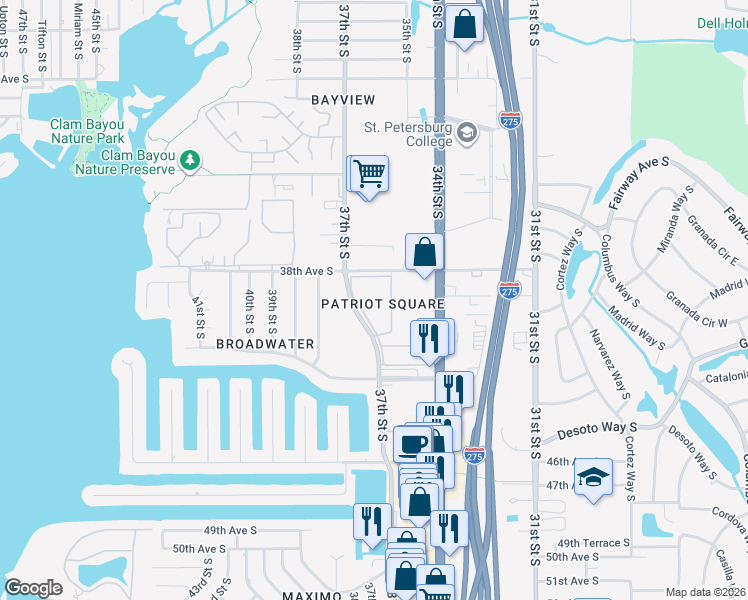 map of restaurants, bars, coffee shops, grocery stores, and more near 3590 40th Avenue South in St. Petersburg