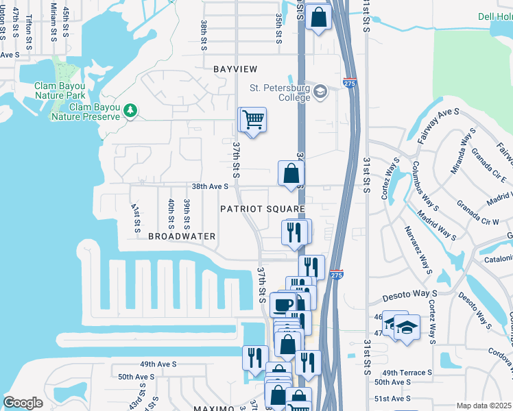 map of restaurants, bars, coffee shops, grocery stores, and more near 3590 40th Avenue South in St. Petersburg
