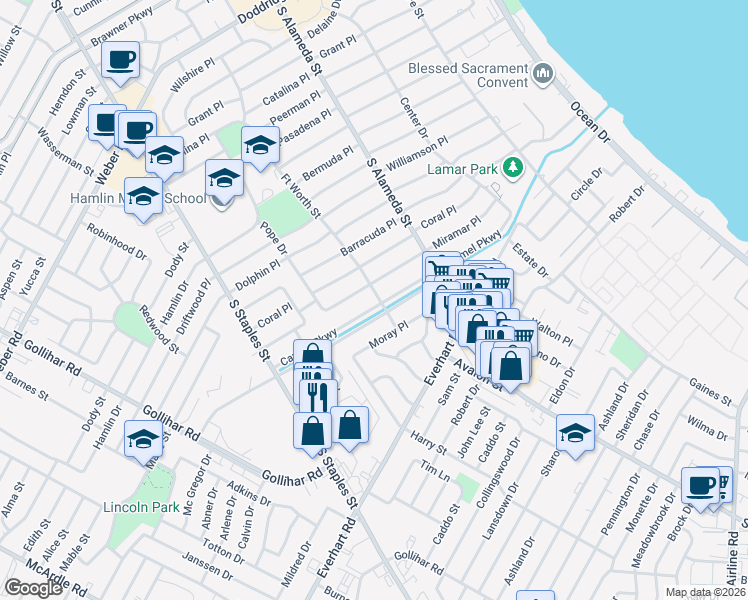 map of restaurants, bars, coffee shops, grocery stores, and more near 905 Carmel Parkway in Corpus Christi