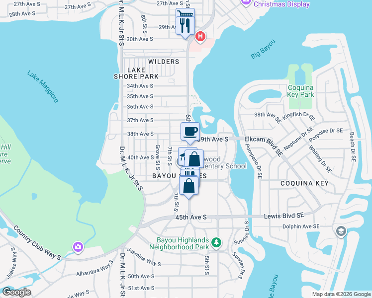 map of restaurants, bars, coffee shops, grocery stores, and more near 3901 6th Street South in St. Petersburg