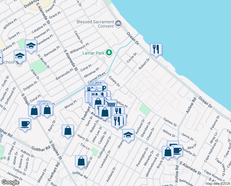 map of restaurants, bars, coffee shops, grocery stores, and more near 4221 Clinton Drive in Corpus Christi