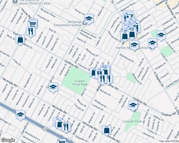 map of restaurants, bars, coffee shops, grocery stores, and more near 4425 Teak Street in Corpus Christi
