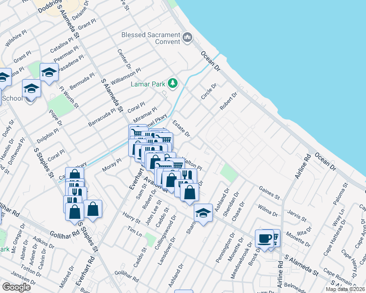 map of restaurants, bars, coffee shops, grocery stores, and more near 4221 Clinton Drive in Corpus Christi