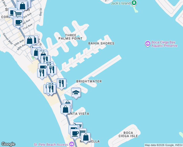 map of restaurants, bars, coffee shops, grocery stores, and more near 411 55th Avenue in St. Pete Beach