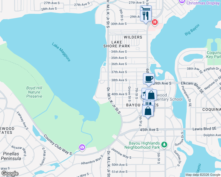 map of restaurants, bars, coffee shops, grocery stores, and more near 3819 Highland Street South in St. Petersburg