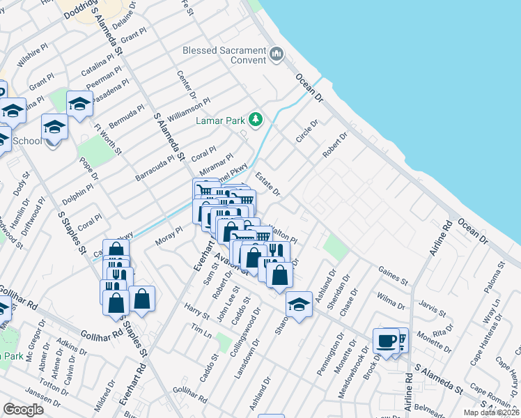 map of restaurants, bars, coffee shops, grocery stores, and more near 4221 Clinton Drive in Corpus Christi