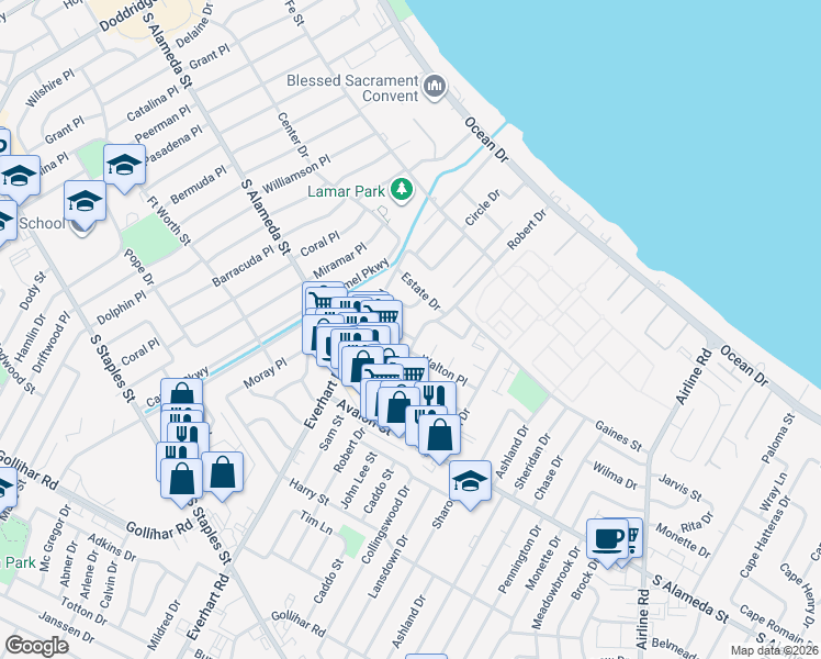 map of restaurants, bars, coffee shops, grocery stores, and more near 4221 Clinton Drive in Corpus Christi