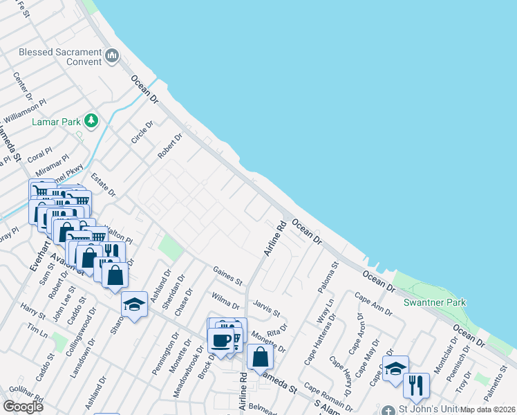 map of restaurants, bars, coffee shops, grocery stores, and more near 4645 Ocean Drive in Corpus Christi