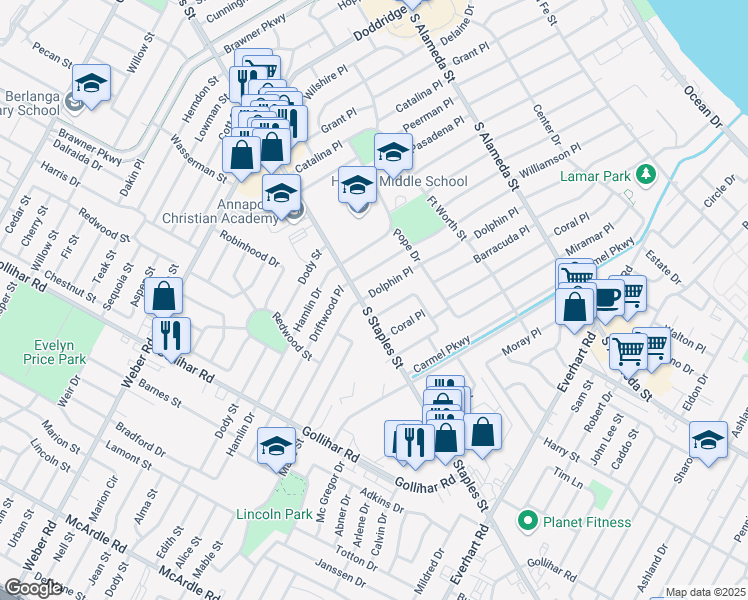 map of restaurants, bars, coffee shops, grocery stores, and more near 1042 Dolphin Place in Corpus Christi