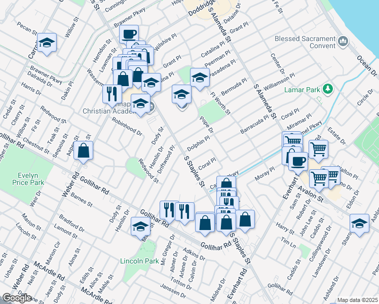 map of restaurants, bars, coffee shops, grocery stores, and more near 1042 Dolphin Place in Corpus Christi