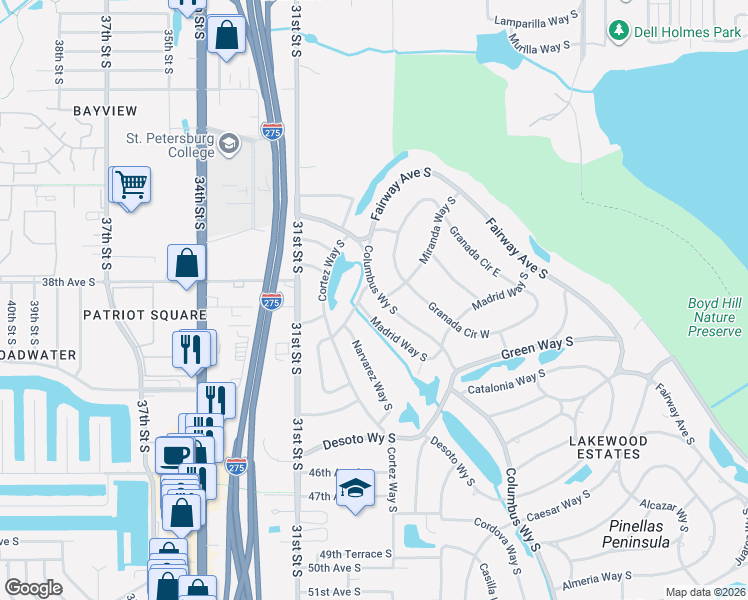 map of restaurants, bars, coffee shops, grocery stores, and more near 2596 Columbus Way South in St. Petersburg