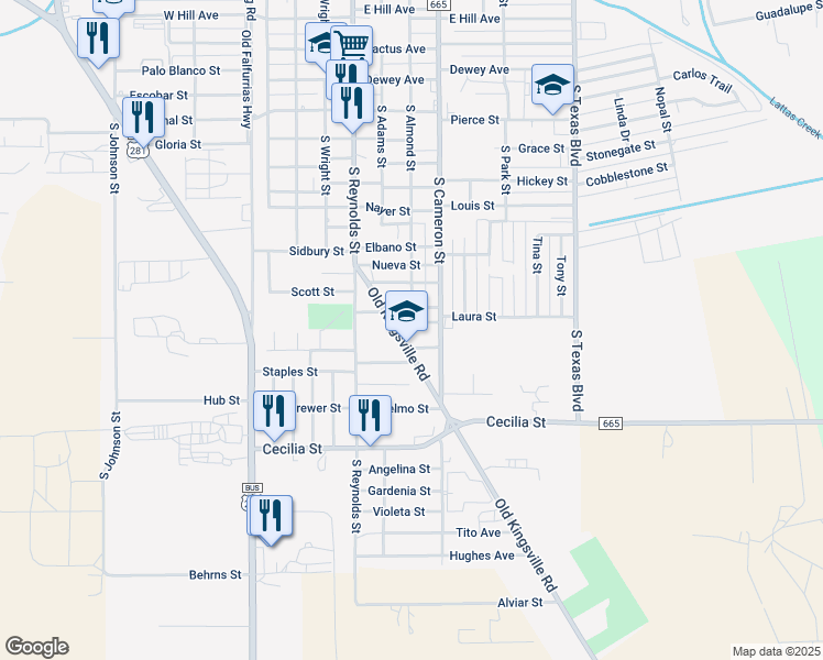 map of restaurants, bars, coffee shops, grocery stores, and more near 1819 Old Kingsville Road in Alice