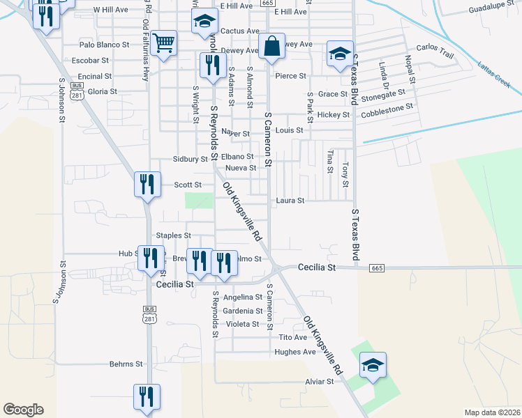 map of restaurants, bars, coffee shops, grocery stores, and more near 1815 South Cameron Street in Alice