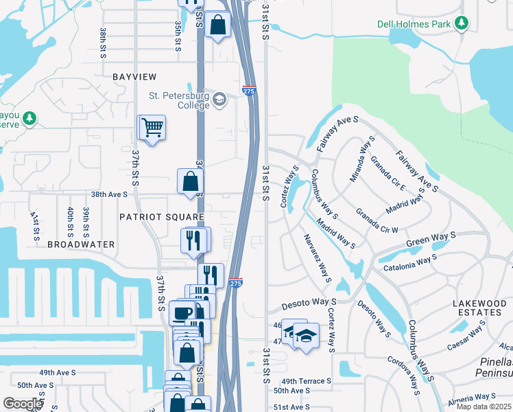 map of restaurants, bars, coffee shops, grocery stores, and more near 3801 31st Street South in St. Petersburg