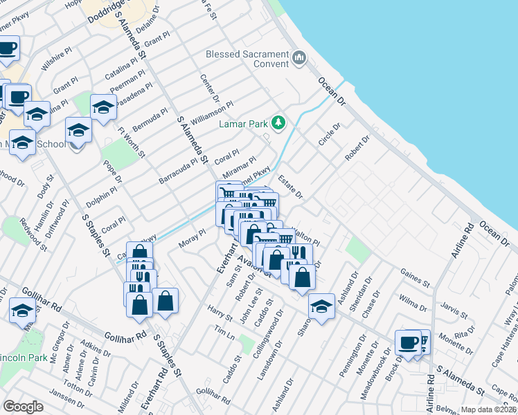 map of restaurants, bars, coffee shops, grocery stores, and more near 4202 Junior Terrace in Corpus Christi
