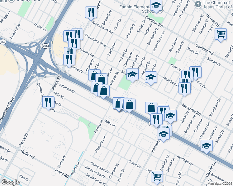 map of restaurants, bars, coffee shops, grocery stores, and more near 4950 Hamlett Drive in Corpus Christi