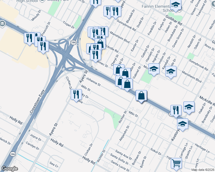 map of restaurants, bars, coffee shops, grocery stores, and more near 2518 Johanna Street in Corpus Christi