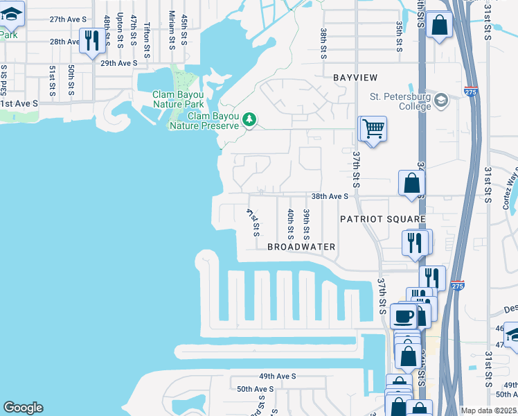 map of restaurants, bars, coffee shops, grocery stores, and more near 4032 38th Avenue South in St. Petersburg