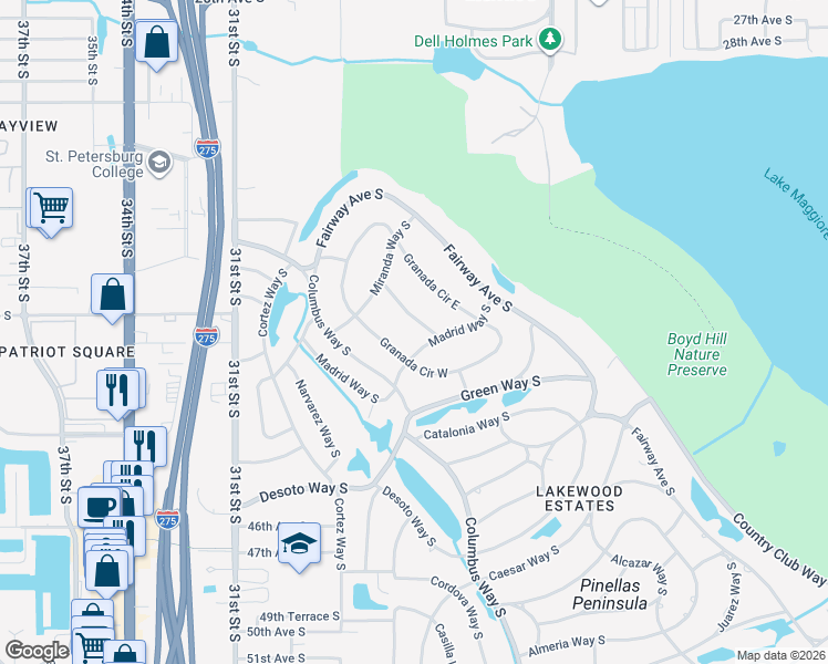map of restaurants, bars, coffee shops, grocery stores, and more near 2520 Gomaz Way South in St. Petersburg