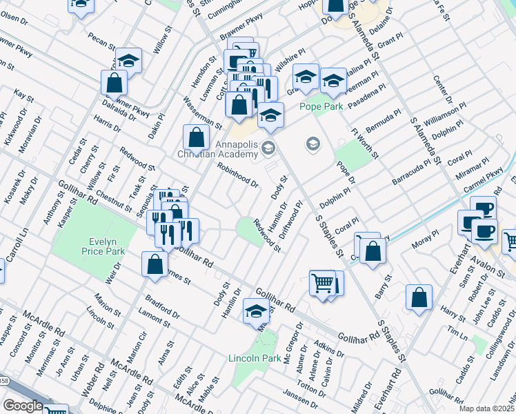 map of restaurants, bars, coffee shops, grocery stores, and more near 4221 Sherwood Drive in Corpus Christi