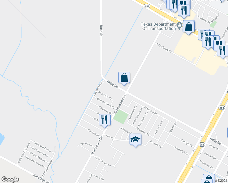 map of restaurants, bars, coffee shops, grocery stores, and more near 1501 Holly Road in Corpus Christi