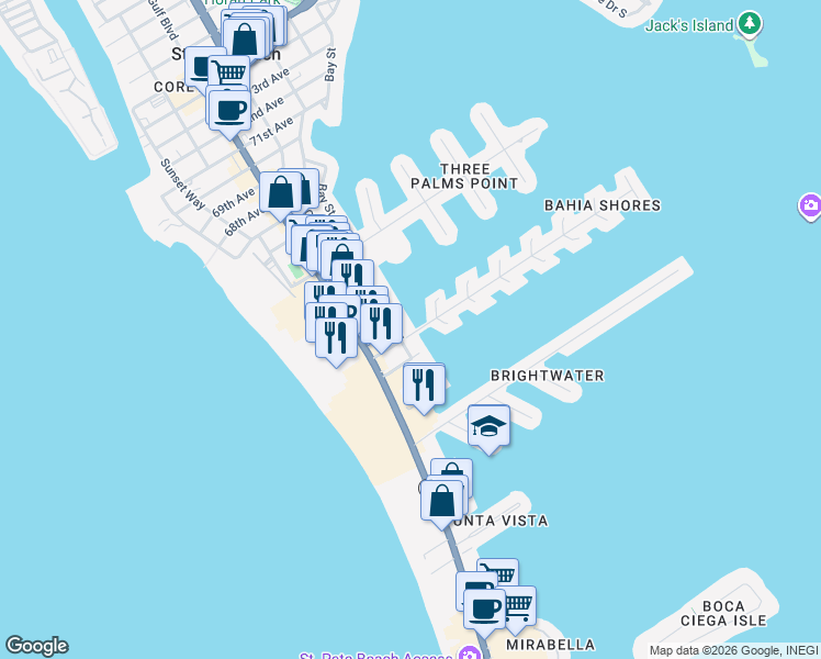 map of restaurants, bars, coffee shops, grocery stores, and more near 203 59th Avenue in St. Pete Beach