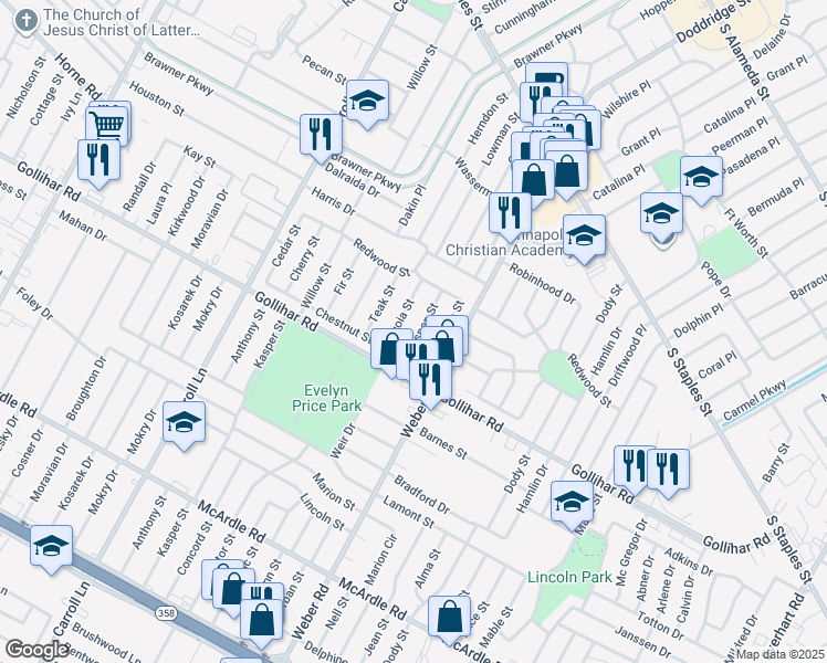map of restaurants, bars, coffee shops, grocery stores, and more near 4341 Aspen Street in Corpus Christi