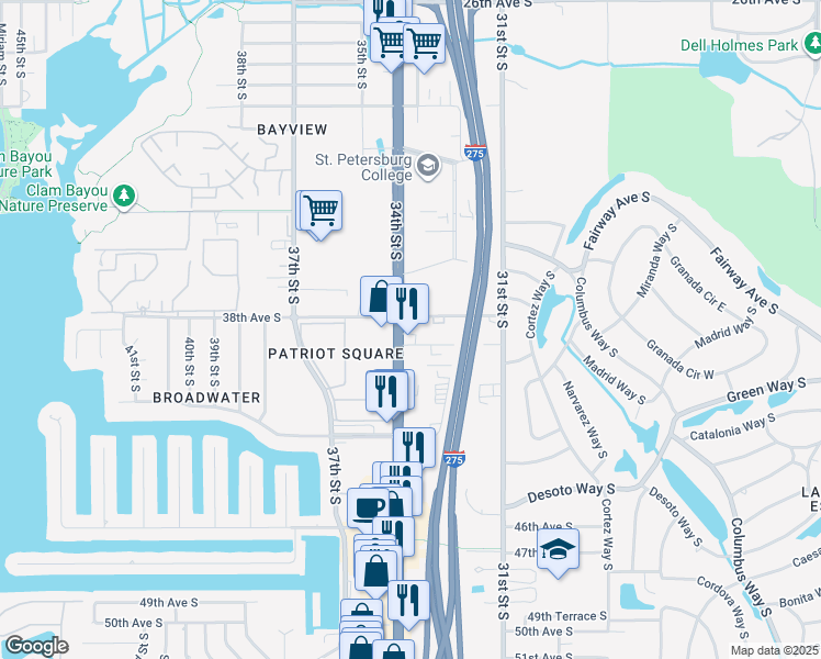 map of restaurants, bars, coffee shops, grocery stores, and more near 3800 34th Street South in St. Petersburg