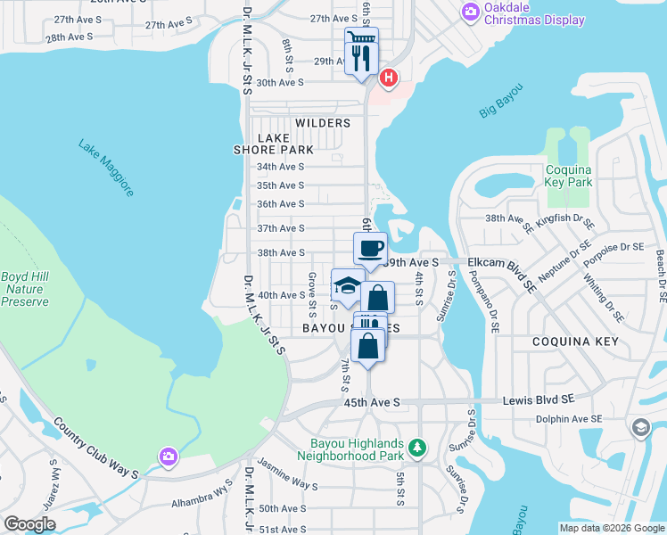 map of restaurants, bars, coffee shops, grocery stores, and more near 698 Hickman Court South in Saint Petersburg