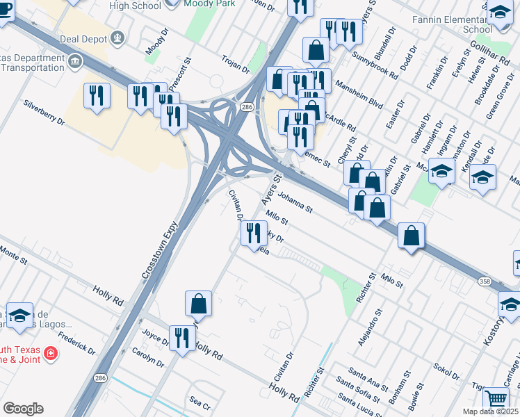 map of restaurants, bars, coffee shops, grocery stores, and more near 2114 Milo Street in Corpus Christi