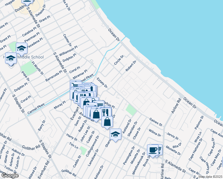 map of restaurants, bars, coffee shops, grocery stores, and more near 403 Robert Drive in Corpus Christi