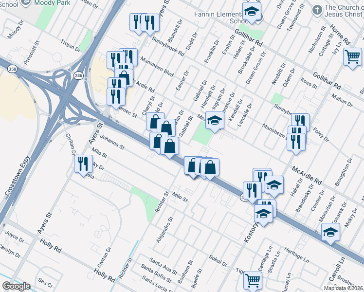 map of restaurants, bars, coffee shops, grocery stores, and more near 2725 Nemec Street in Corpus Christi