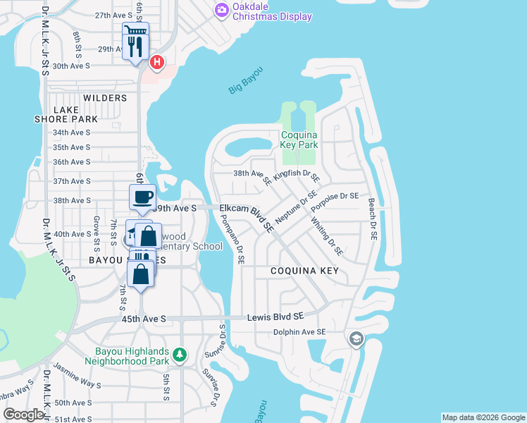 map of restaurants, bars, coffee shops, grocery stores, and more near 3997 Marlin Drive Southeast in Saint Petersburg