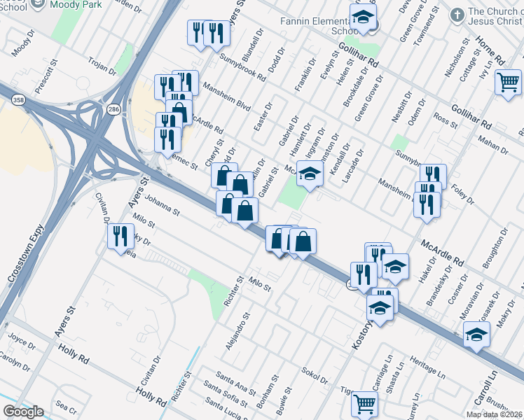map of restaurants, bars, coffee shops, grocery stores, and more near 2725 Nemec Street in Corpus Christi