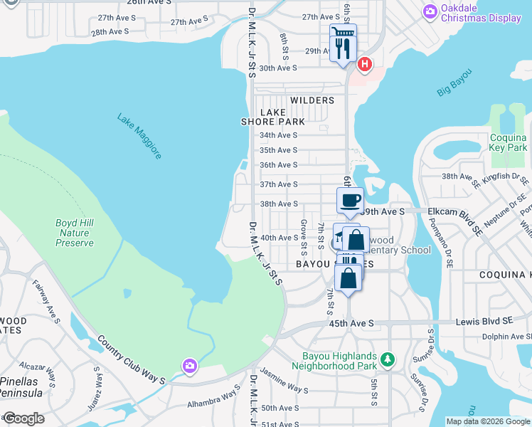 map of restaurants, bars, coffee shops, grocery stores, and more near 3819 Highland Street South in St. Petersburg