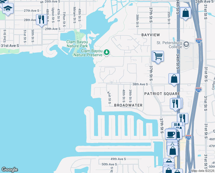 map of restaurants, bars, coffee shops, grocery stores, and more near 4133 39th Avenue South in St. Petersburg