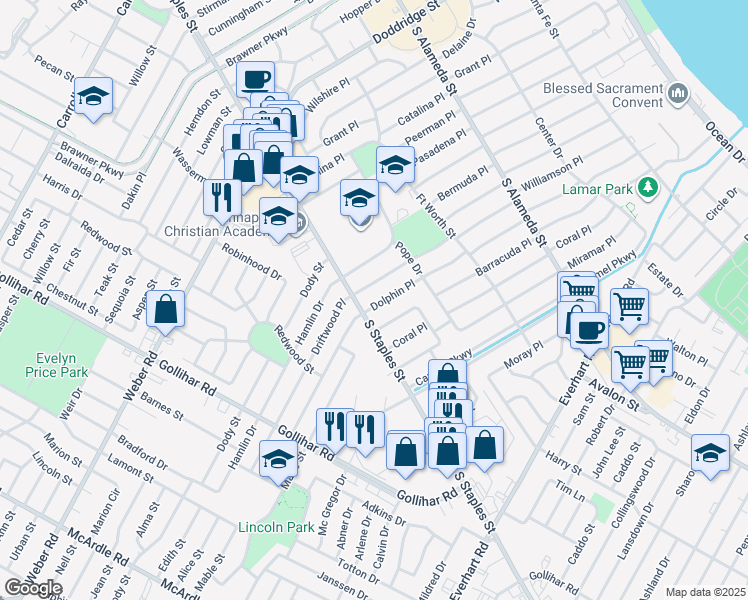 map of restaurants, bars, coffee shops, grocery stores, and more near 1042 Dolphin Place in Corpus Christi