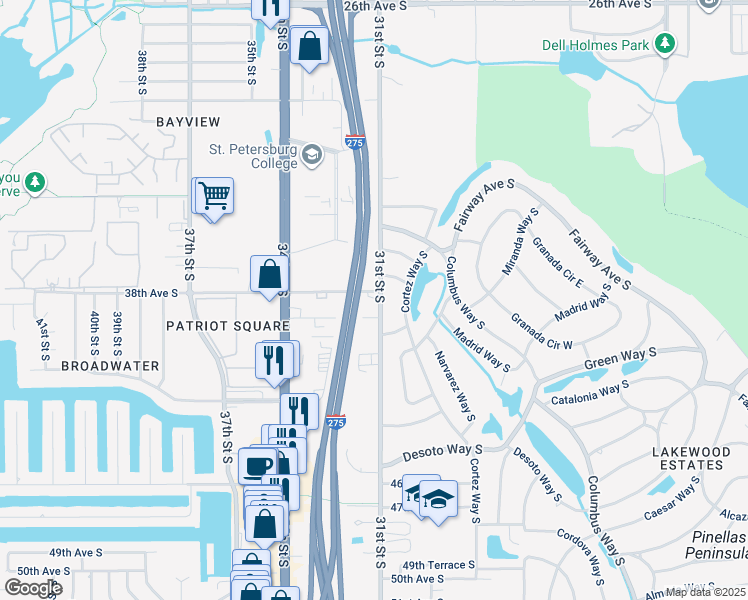 map of restaurants, bars, coffee shops, grocery stores, and more near 3801 31st Street South in St. Petersburg